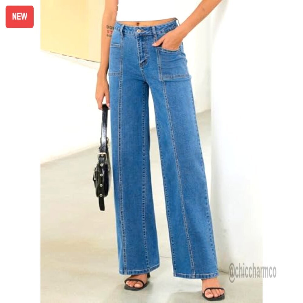 High Waisted Wide Leg Stretchy Denim Jeans Straight Leg Baggy Pants - Picture 3 of 7